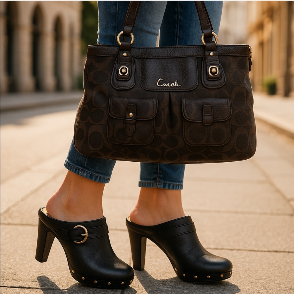 Coach black Elaine slide on studded mules!